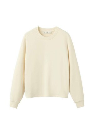 Roomkleurige lange mouw sweatshirt met ronde halslijn en geribbelde manchetten, weergegeven tegen een witte achtergrond.