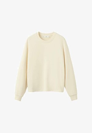 Roomkleurige lange mouw sweatshirt met ronde halslijn en geribbelde manchetten, weergegeven tegen een witte achtergrond.