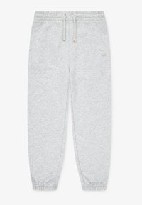 Lys grå joggebukser laget av mykt stoff, med snor i livet, elastiske mansjetter og en liten logo foran.