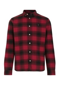 Camicia a quadri rossa e nera in tessuto con colletto abbottonato, bottoni frontali, maniche lunghe e un logo discreto sul petto.