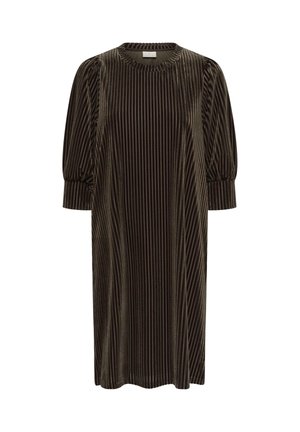 Knee-length, dark green velvet dress with vertical stripes, round neckline, and puffed sleeves. Soft texture and relaxed silhouette.