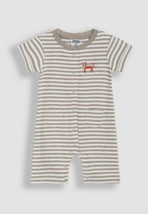 Prúžny overal s krátkym rukávom v krémovej a hnedej farbe s predným patentným zapínaním, zdobený vyšívaným hnedo-oranžovým dizajnom psa a dvoma prednými vreckami.