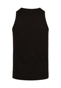 Schwarzes ärmelloses Tanktop aus geripptem Material, mit rundem Ausschnitt und taillierter Form ohne Verzierungen.