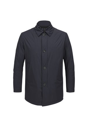 Dunkelblau leichte Jacke aus glattem Stoff, mit einem klassischem Kragen, sechs Knöpfen vorne und zwei seitlichen Taschen.