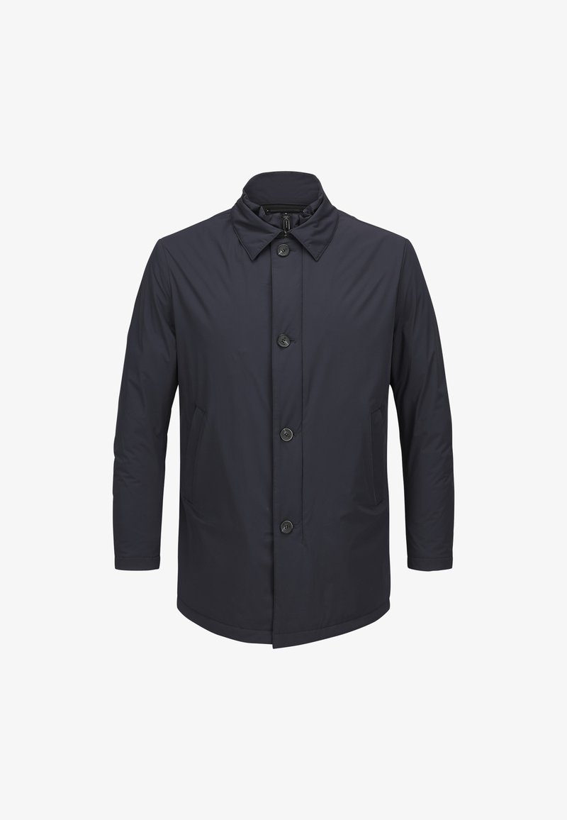 Dunkelblau leichte Jacke aus glattem Stoff, mit einem klassischem Kragen, sechs Knöpfen vorne und zwei seitlichen Taschen.