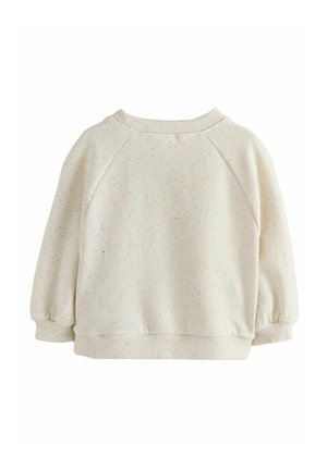 Sweatshirt beige clair avec des éclats colorés, encolure côtelée et manches oversize. Présente un design simple et décontracté ainsi qu'un tissu texturé.