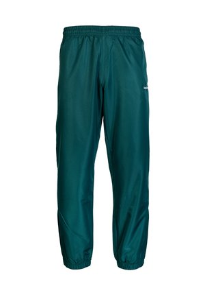 Pantaloni da jogging leggeri color turchese con cintura e polsini elastici, caratterizzati da una texture liscia e un piccolo logo sul lato.
