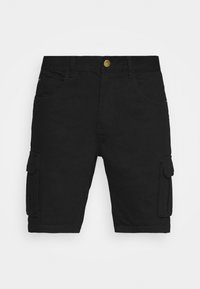 Černé cargo šortky vyrobené z odolné tkaniny, s předním knoflíkem, několika kapsami a rovný střih. Texturovaný povrch s mírným elastickým efektem.