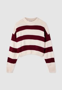 Sweter w kremowo-bordowe paski z okrągłym dekoltem i skróconym krojem. Wykonany z miękkiej dzianiny z prążkowanymi mankietami i dołem.