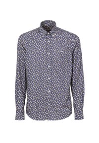Langarmshirt van donkerblauwe stof met een wit en geel bloemenpatroon, knoopsluiting aan de voorkant en een klassieke kraag. De knopen zijn wit.
