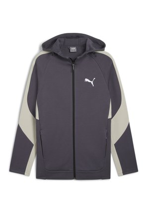 Chaqueta con capucha en gris oscuro con acentos en gris claro, que presenta un cierre completo, bolsillos laterales y un logo blanco de Puma en el pecho.