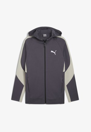 Chaqueta con capucha en gris oscuro con acentos en gris claro, que presenta un cierre completo, bolsillos laterales y un logo blanco de Puma en el pecho.