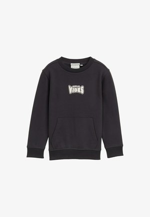 Donkergrijze sweater met ronde hals, geribde manchetten en een zak aan de voorkant. Voorzien van een witte "Awesome Vibes" grafiek op de borst.