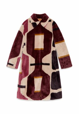 Faux fur coat featuring a geometric pattern in shades of burgundy, cream, and black, with a Notched collar and a mid-length design.
