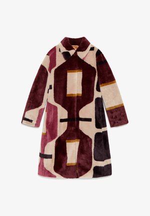 Faux fur coat featuring a geometric pattern in shades of burgundy, cream, and black, with a Notched collar and a mid-length design.