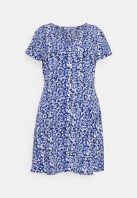 Vestido floral azul com mangas curtas, apresentando uma frente com botões, um decote redondo e uma silhueta fluida com uma textura de tecido suave.