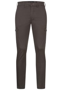 Pantalones cargo marrones oscuros con bolsillos laterales, hechos de un tejido duradero. Presentan un diseño de pierna recta, trabillas para el cinturón y cierre frontal con botón.