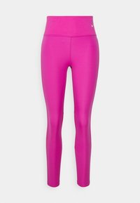 Růžové legíny s vysokým žebrovaným pasem. Mají hladký, pružný materiál a elegantní, přiléhavý střih.