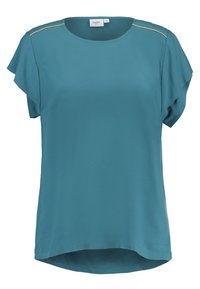 Blouse en crêpe bleu canard avec des manches courtes et flottantes, un col rond et des accents dorés sur les épaules. Présente un ourlet arrondi pour un ajustement décontracté.