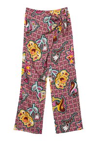 Pantaloni a gamba larga con motivo, realizzati in tessuto leggero, con uno sfondo rosa e disegni floreali nei toni del giallo, bianco e verde.