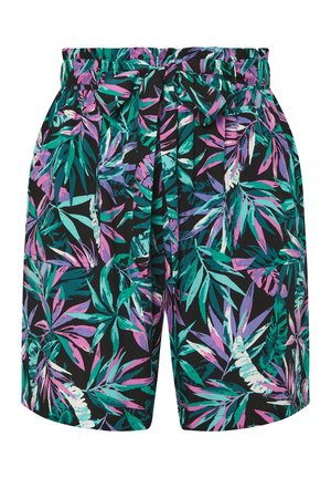 Pantalones cortos negros con un patrón de hojas tropicales en verde, rosa y púrpura. Cuentan con una cinturilla fruncida y un detalle de lazo en el frente.