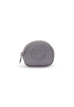 Grey fabric coin pouch with circular embossed design, zipper closure, and silver hardware. Rounded shape with soft texture.