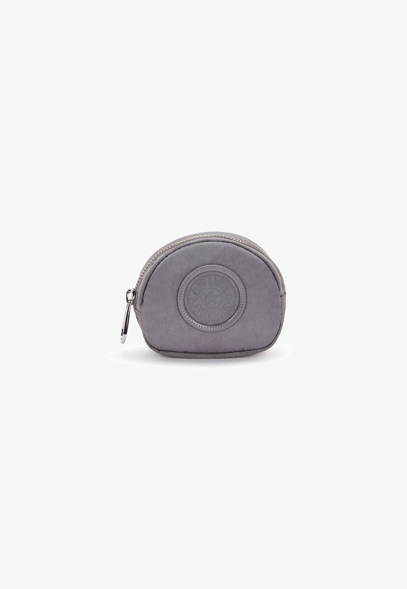 Grey fabric coin pouch with circular embossed design, zipper closure, and silver hardware. Rounded shape with soft texture.