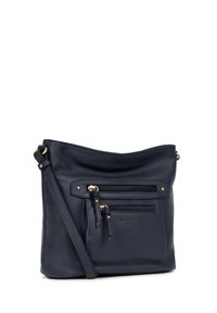 Borsa a tracolla in pelle blu navy con due tasche frontali con zip, dettagli in metallo dorato e finitura testurizzata. Tracolla regolabile.