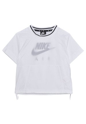 Weißes Nike Air Sportshirt mit kurzen Ärmeln aus Mesh, Rundhalsausschnitt mit schwarz-weißem Besatz, Kängurutasche vorne und Markenlogo auf der Brust.