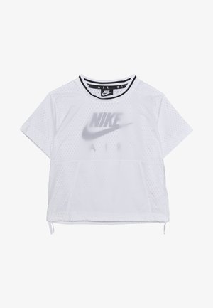 Weißes Nike Air Sportshirt mit kurzen Ärmeln aus Mesh, Rundhalsausschnitt mit schwarz-weißem Besatz, Kängurutasche vorne und Markenlogo auf der Brust.