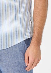 Gestreept kortarmshirt in lichtblauw en grijs, met verticale strepen op lichte stof, een afgeronde zoom en een discreet label.