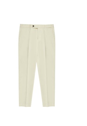 Pantalons beige clair en coton, avec une fermeture à bouton, des poches latérales, des jambes droites et une texture lisse.