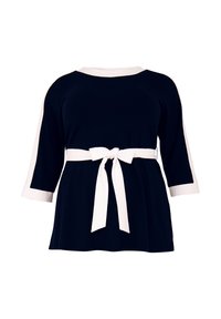 Navyblaues Oberteil mit 3/4-Ärmeln, weißer Einfassung und Gürtel in der Taille. Aus weichem Stoff mit lockerer Passform und kontrastierenden Details gefertigt.