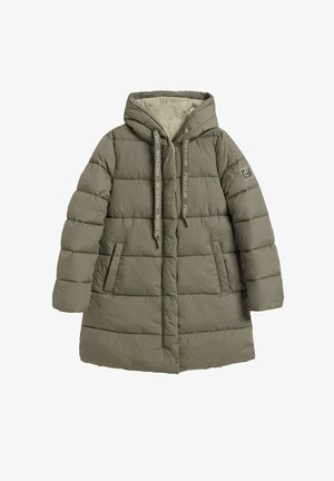 Pufferjacke aus olivgrünem Stoff mit Kapuze, ausgestattet mit gesteppten Quadraten, zwei Fronttaschen und mit einem Logo verzierten Kordeln.