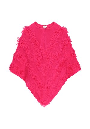 Poncho roz deschis cu detalii texturate la franjuri, având o formă triunghiulară și un design tricotat. Are un gât rotund și o culoare vibrantă.