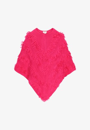 Poncho fucsia brillante con dettagli in frange testurizzate, caratterizzato da una forma triangolare e design a maglia. Ha una scollatura rotonda e un colore vivace.