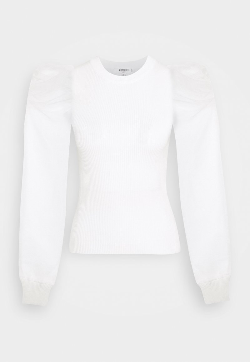 Pull blanc à manches longues avec corsage côtelé ajusté et épaules bouffantes volumineuses, avec poignets côtelés et encolure ronde.