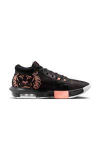 Black athletic shoe with a pink lion graphic, textured fabric upper, padded collar, and contrasting pink accents on the sole and lacing.
