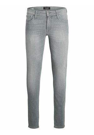 Lysegrå slim-fit jeans med frontknap, lynlås og fem-lomme design vist på hvid baggrund.