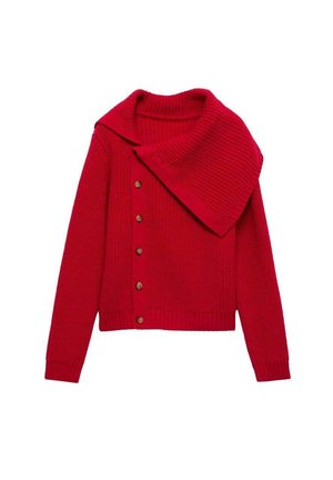 Maglione rosso lavorato a maglia con un ampio colletto ripiegato, dotato di chiusura con bottoni e bordo e polsini a coste. Design classico con bottoni in legno.