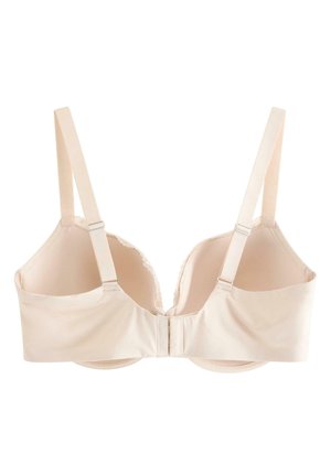 Beige polstret bh med justerbare stropper og bageste hægte- og øjelukning, glat stof og subtil blondekant langs kopperne.