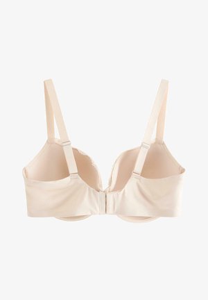 Beige polstret bh med justerbare stropper og bageste hægte- og øjelukning, glat stof og subtil blondekant langs kopperne.