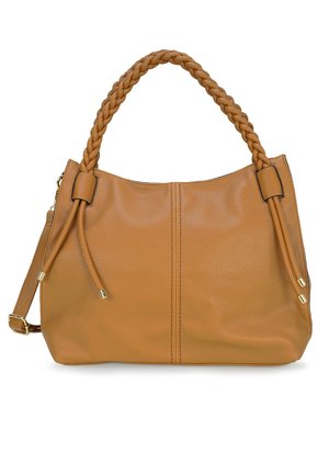 Hellbraune Lederhandtasche mit geflochtenen Griffen, goldfarbenen Metallakzenten und abnehmbarem Schulterriemen auf weißem Hintergrund.