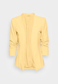 Blazer jaune à la coupe structurée, avec manches longues, devant ouvert et détails froncés sur les manches. Texture de tissu lisse.