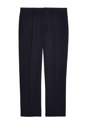 Granatowe spodnie materiałowe o prostym kroju, wykonane z gładkiego materiału. Posiadają szlufki na pasek i dwie przednie kieszenie bez ozdób.