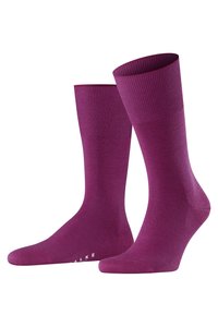 Calcetines de algodón morados con puño acanalado y textura suave, con puntera y talón reforzados para mayor durabilidad.