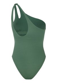 Maillot de bain vert à une épaule en matière texturée, avec un design à dos ouvert, un seul strap à l'épaule et un décolleté incurvé.