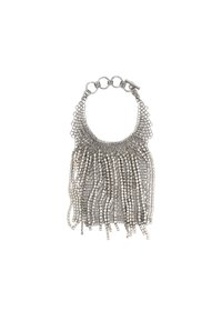 Bracciale in argento con una frangia di fili metallici drappeggiati e perline decorative, dotato di una chiusura sicura.