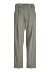 Light olive green trousers with a straight leg and elastic waistband, featuring front pleats and a button closure.