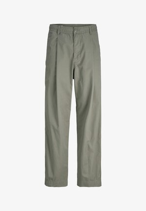 Light olive green trousers with a straight leg and elastic waistband, featuring front pleats and a button closure.